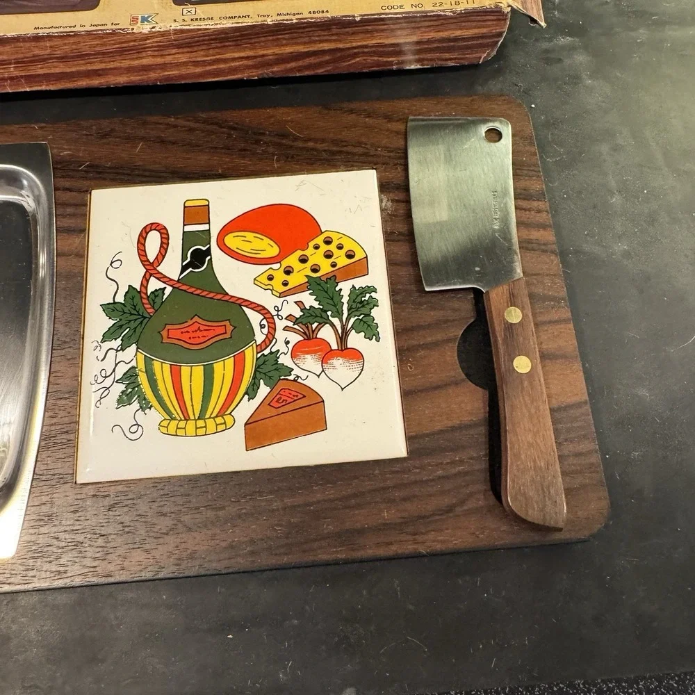 Vintage 1970s Wooden Cheese‎ Board Set with Knife, Tray, and Porcelain Tile